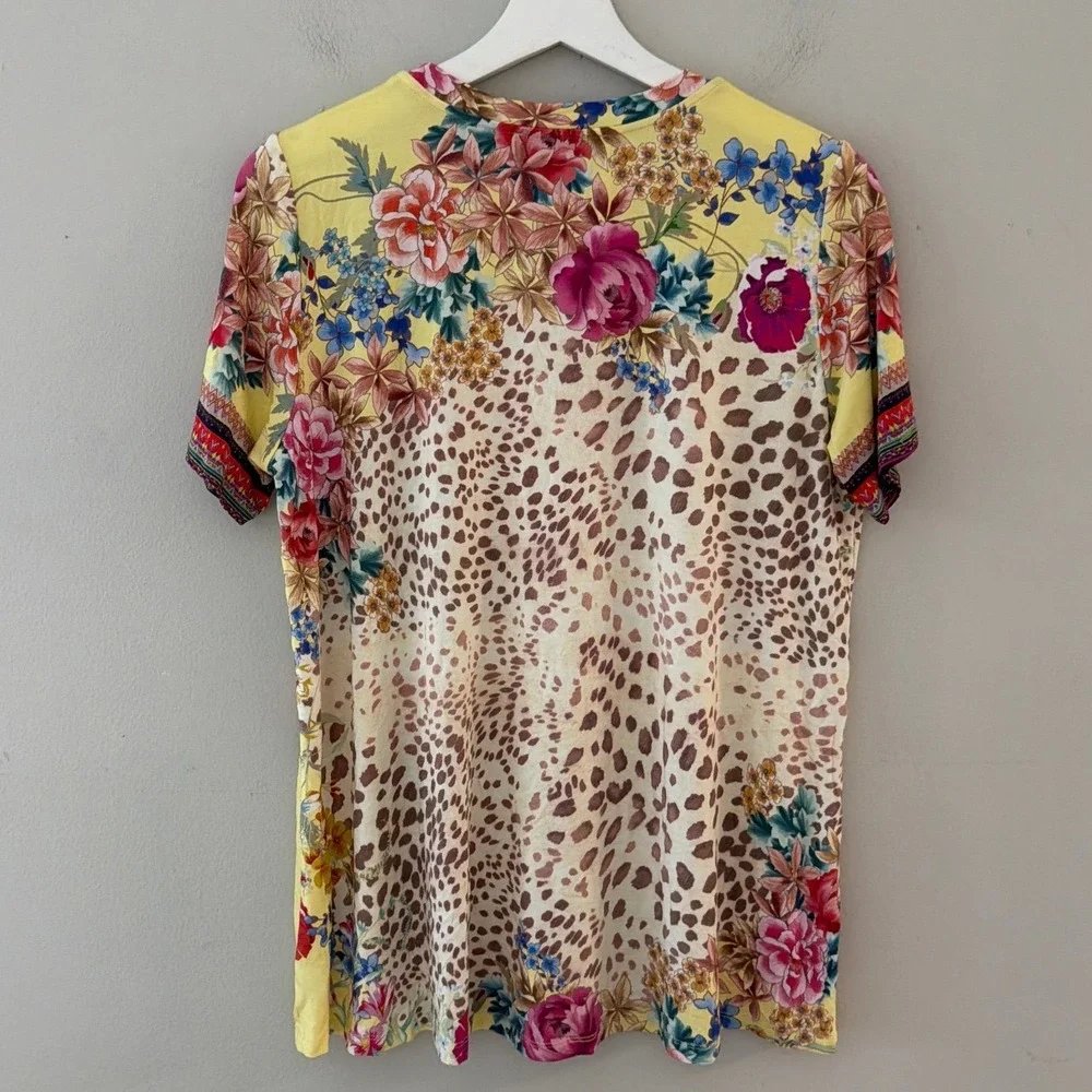 Johnny Was Yellow Floral Leopard Bamboo Short Sleeve Tee Womens Medium